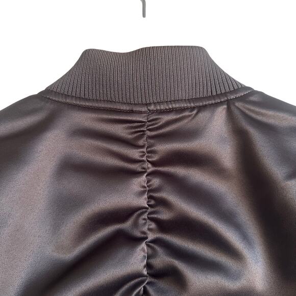 ASOS Design Super Crop Satin Bomber Jacket Ruched Charcoal Brown - Picture 7 of 10